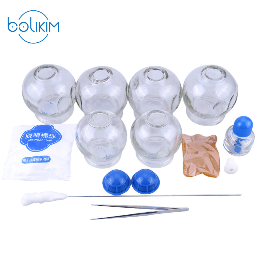 6Pcs Beauty Health Massage Cup Glass Cupping Body Fire Cup Therapy Helper Anti Cellulite & 2pcs Vacuum Silicone Cupping Sucker