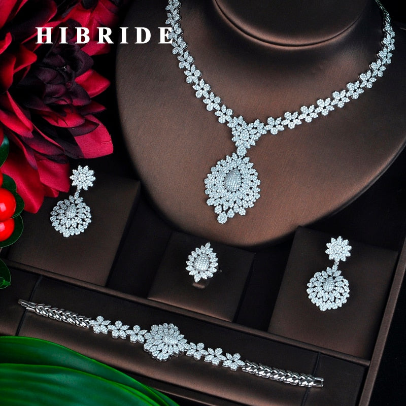 HIBRIDE New Full Cubic Zirconia Big Pendientes Jewelry Set For Women Bridal Wedding Accessories parure bijoux femme N-706